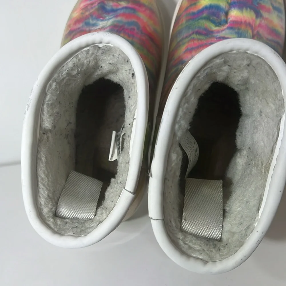 Girls Uggs Classic Clear mini boot in rainbow pattern.